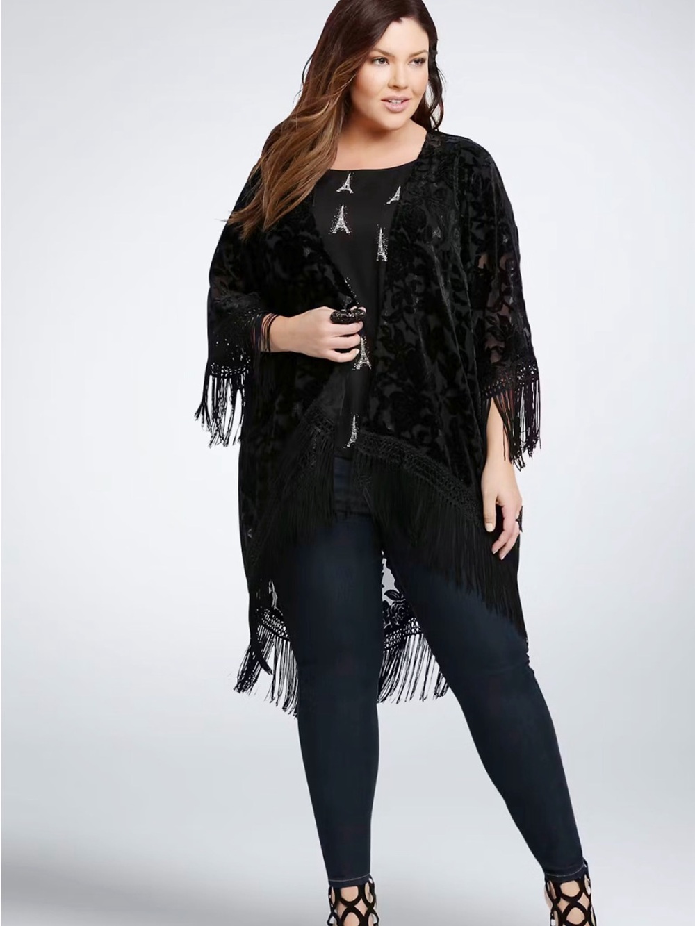 Torrid Black Velvet Brocade Sheer Burnout Print Fringe Kimono Whimsygoth Boho